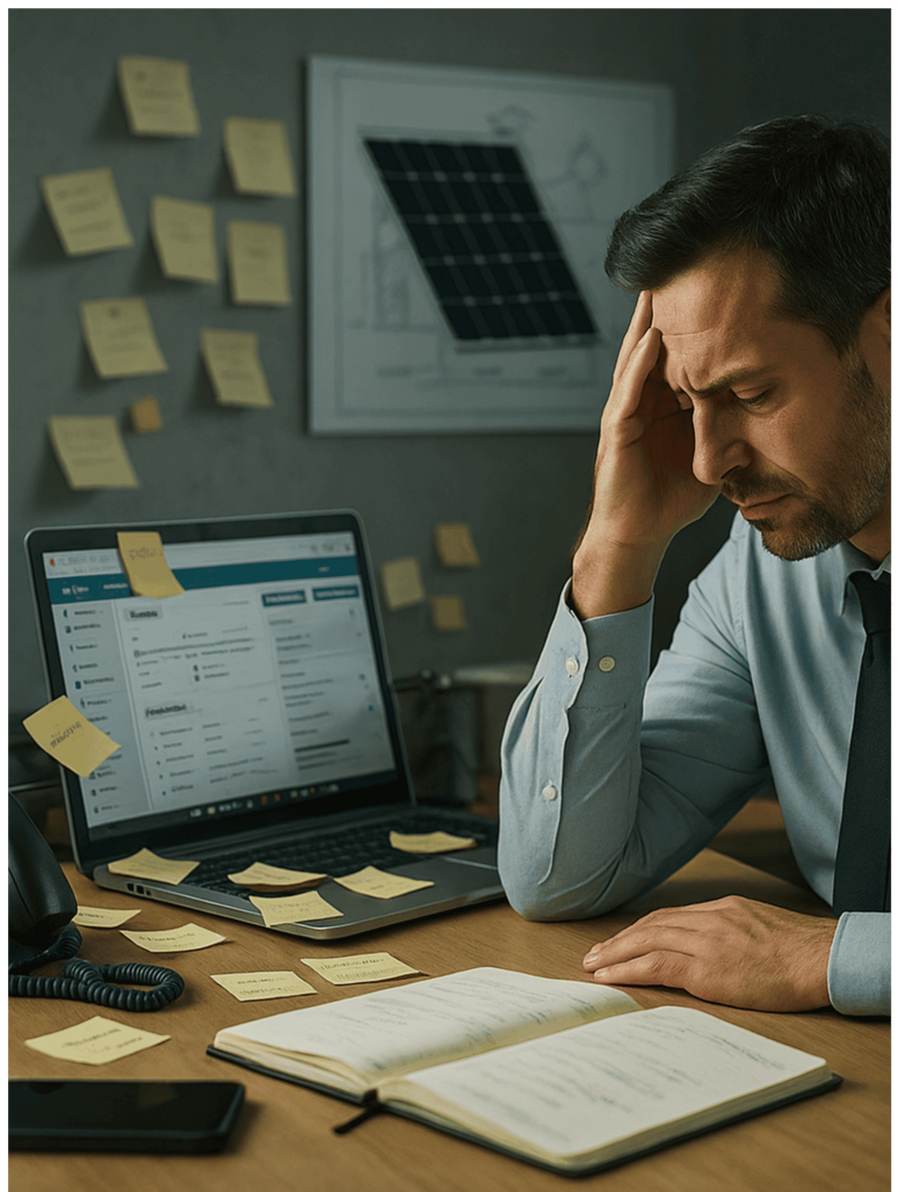 A confused homeowner listening to a solar rep explain ROI and system details, contrasted with the same homeowner later forgetting the information — illustrating that 70% of information is lost within 24 hours.