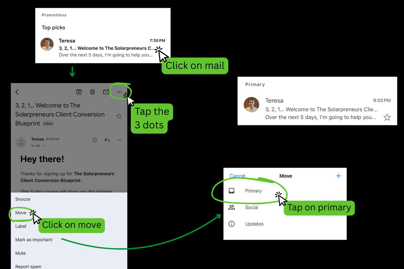 Promotions or Spam Example – Email Deliverability Reminder Step-by-step visual guide showing how to move an email from Gmail’s Promotions tab to the Primary inbox: open the email, tap the three-dot menu, select “Move,” and choose “Primary.”