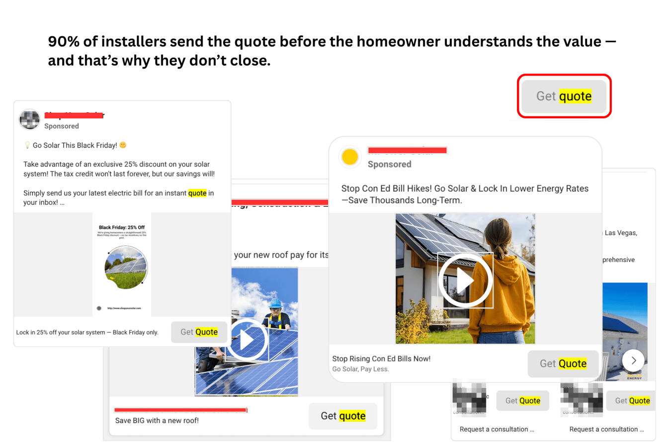 Examples of solar ads and quote requests showing how homeowners use quotes for price shopping, illustrating Mistake 2: sending proposals too early.