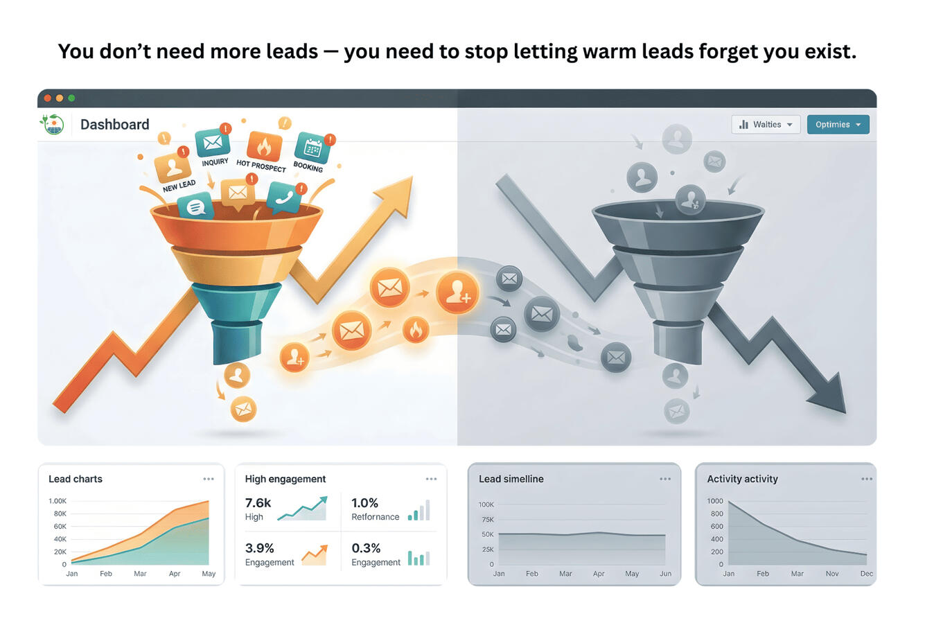 Illustration showing two funnels: one healthy, nurtured funnel with rising engagement and one neglected funnel with declining activity — representing why relying only on peak-season demand kills installs.